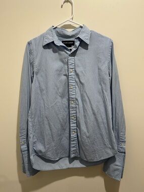 Vintage Ralph Lauren Polo Golf Blue Pinstripe Button Front Shirt Size 10